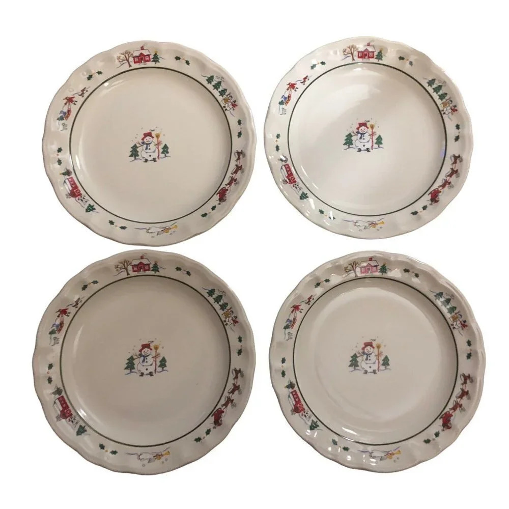 Vtg PFALTZGRAFF SNOW VILLAGE Set 4 Christmas Xmas Dinner Plates Winter Snowman